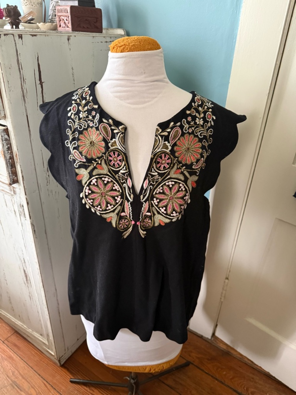 Anthropologie Black Embroidered V-Neck Women's Top - Floral Accent